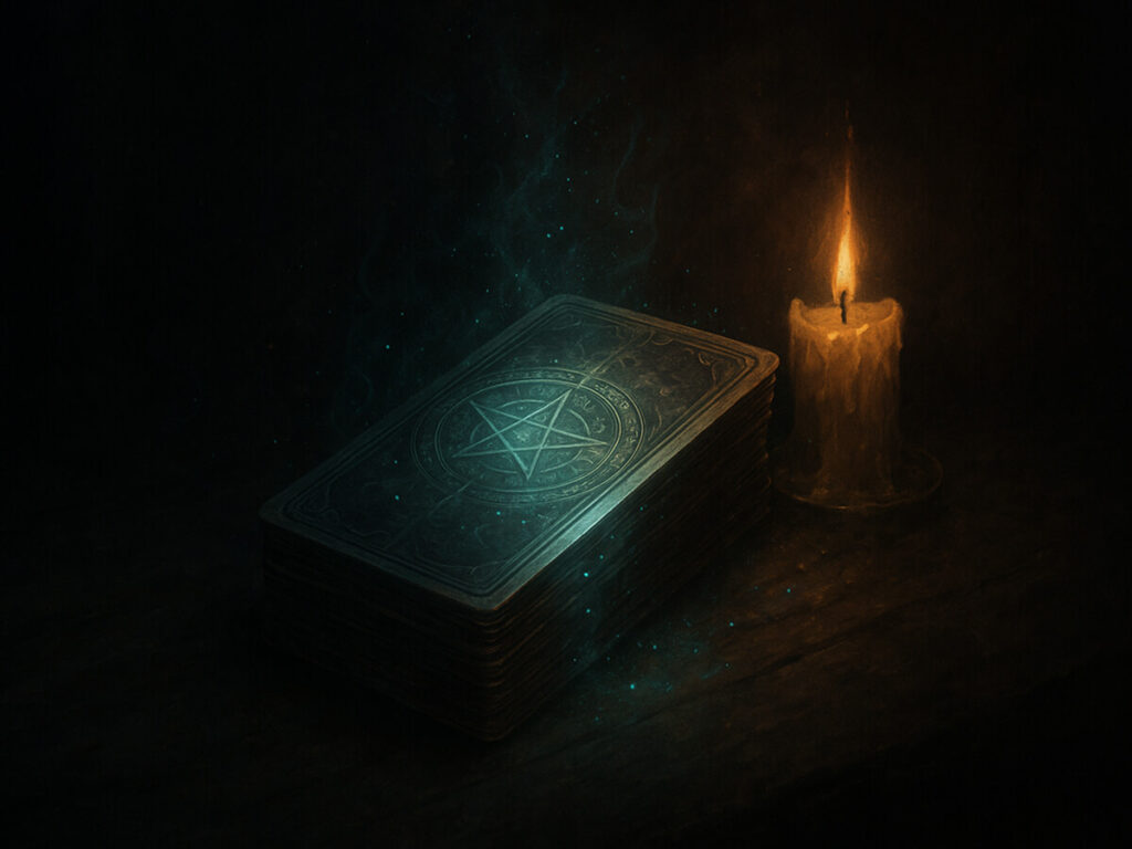 a deck of cards and a candle