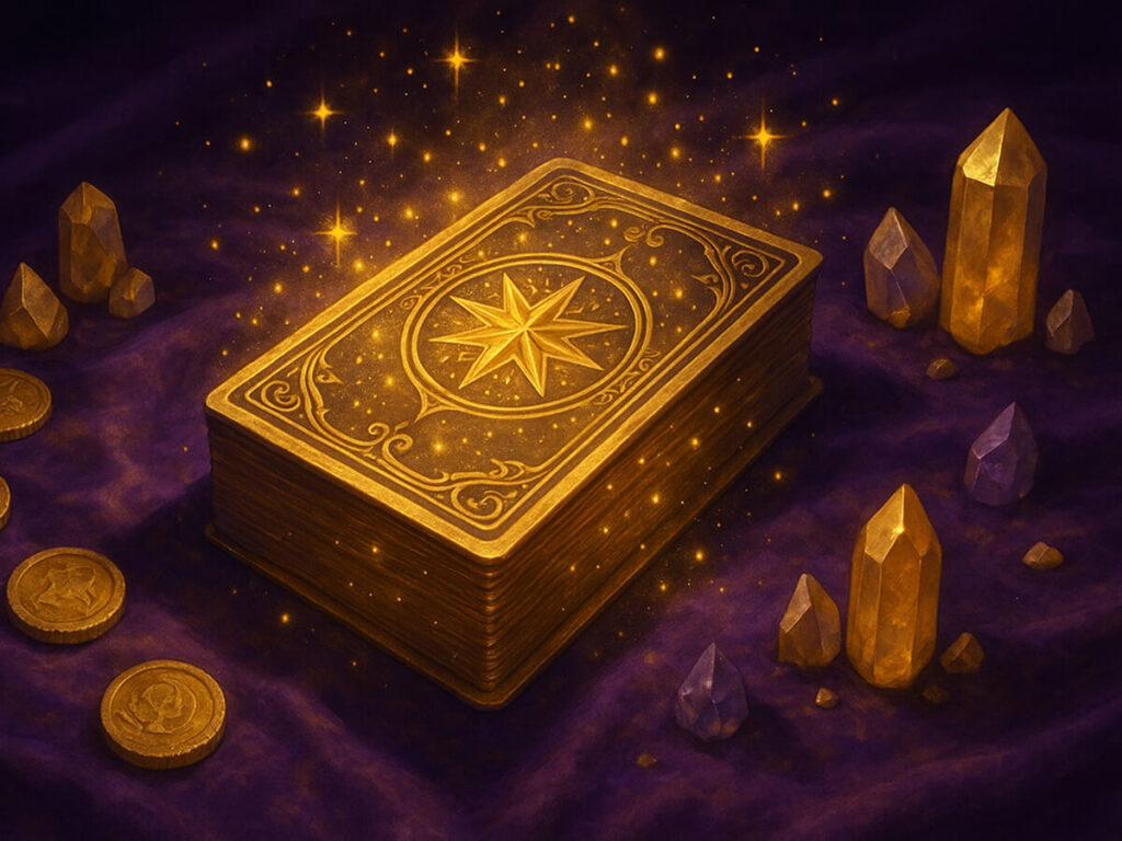 a book and crystals on a purple surface