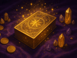 a book and crystals on a purple surface