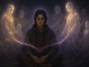 a man meditating with a group of ghosts