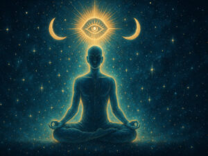 a person sitting in a lotus position with a sun and moon above it