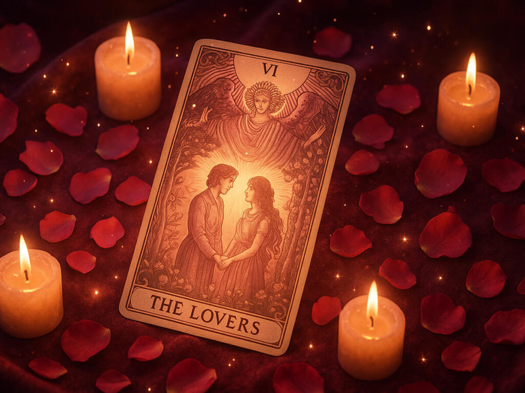 a card with a picture of a couple and candles on a red cloth