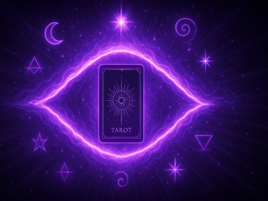 a purple card with stars and symbols around it