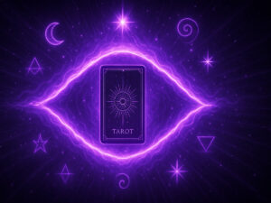 a purple card with stars and symbols around it