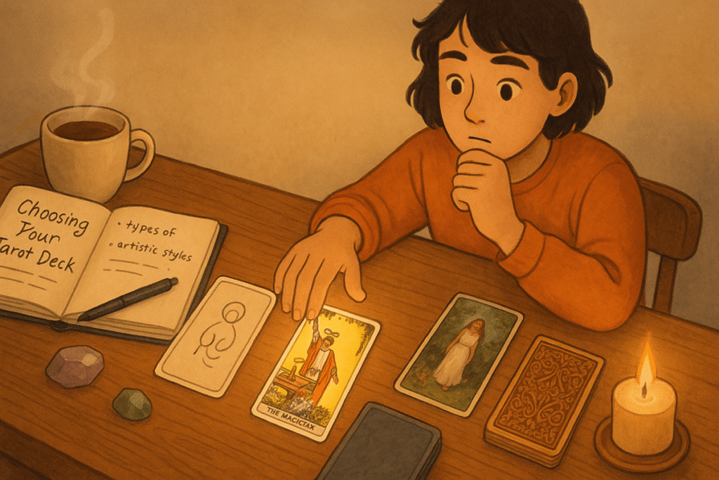 a woman choosing her first tarot card deck