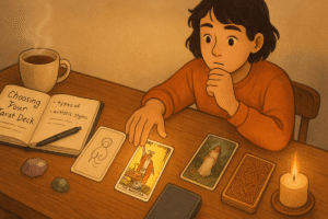 a woman choosing her first tarot card deck