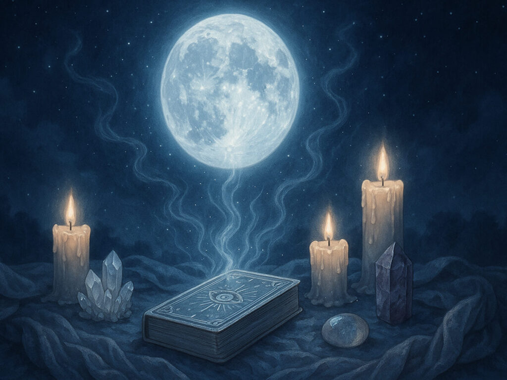 a moon and candles on a table