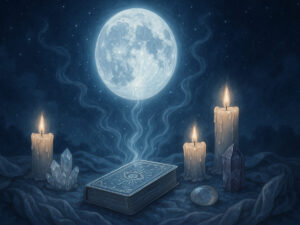 a moon and candles on a table