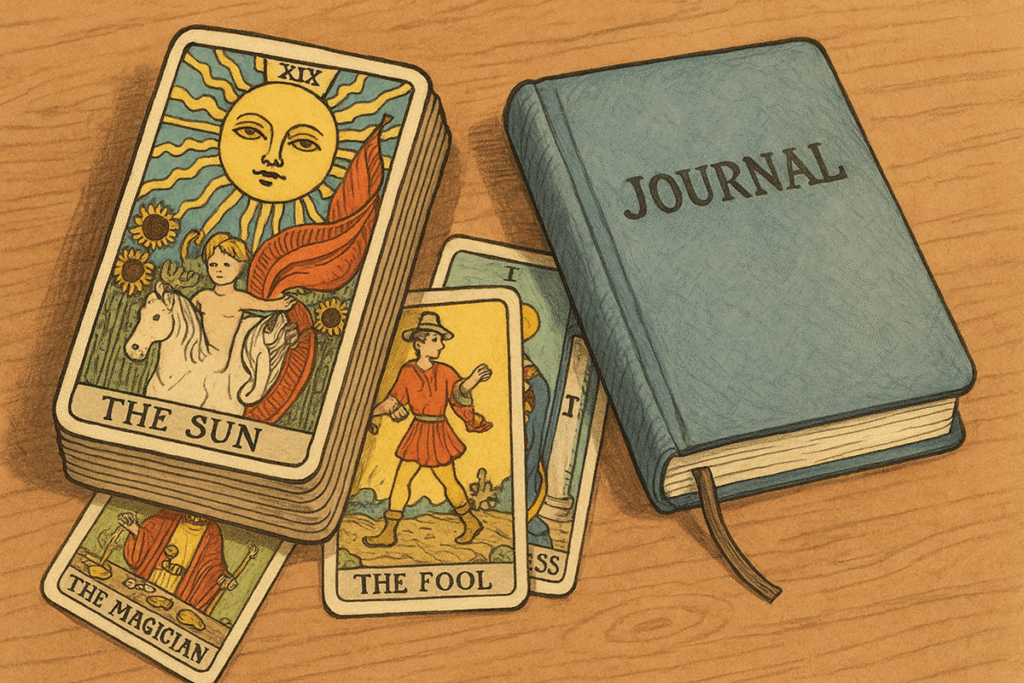 Tarot cards and a journal displayed.