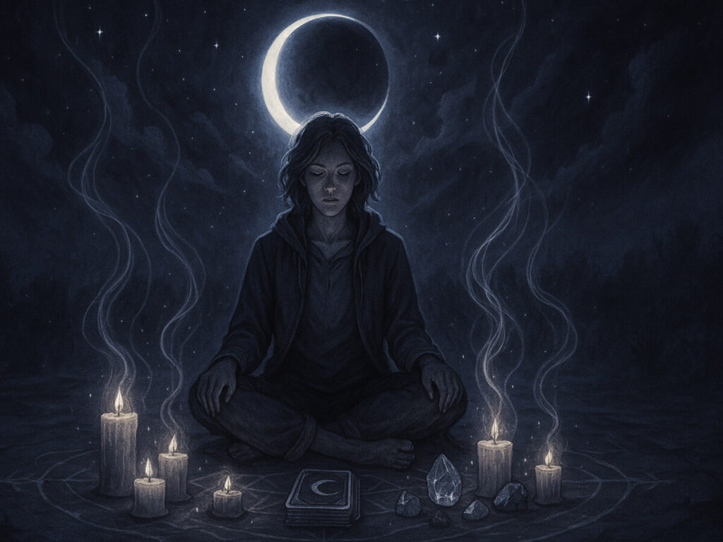 a woman sitting in a circle with candles and a moon above her