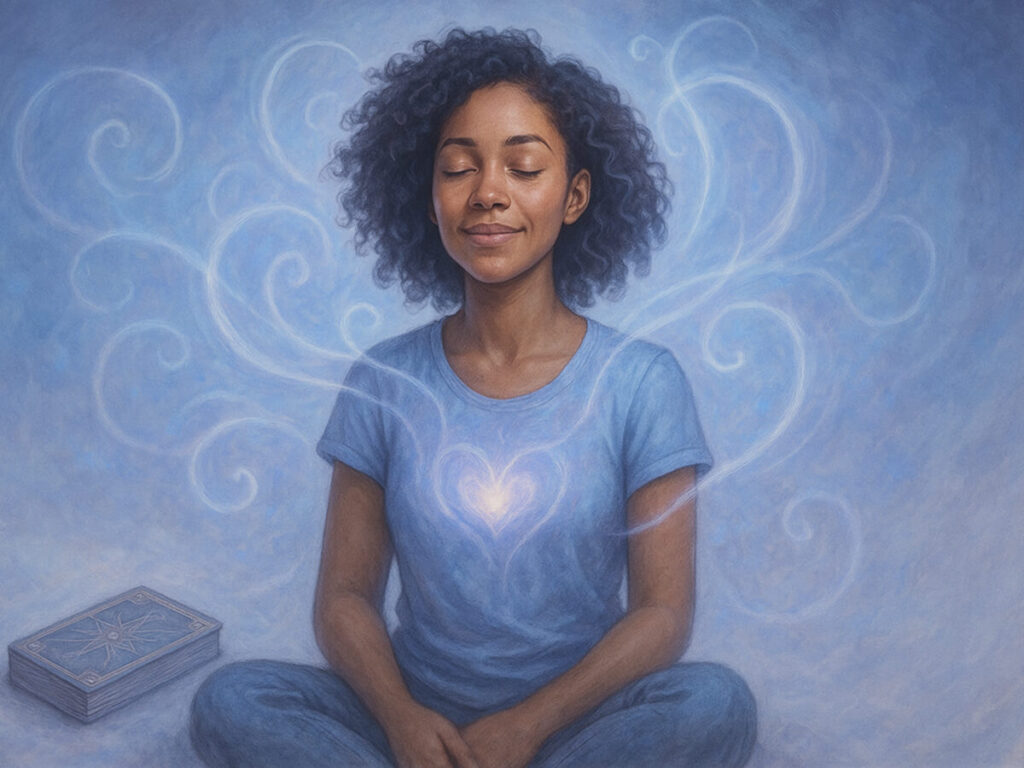 a woman sitting in a blue shirt with a heart on her chest