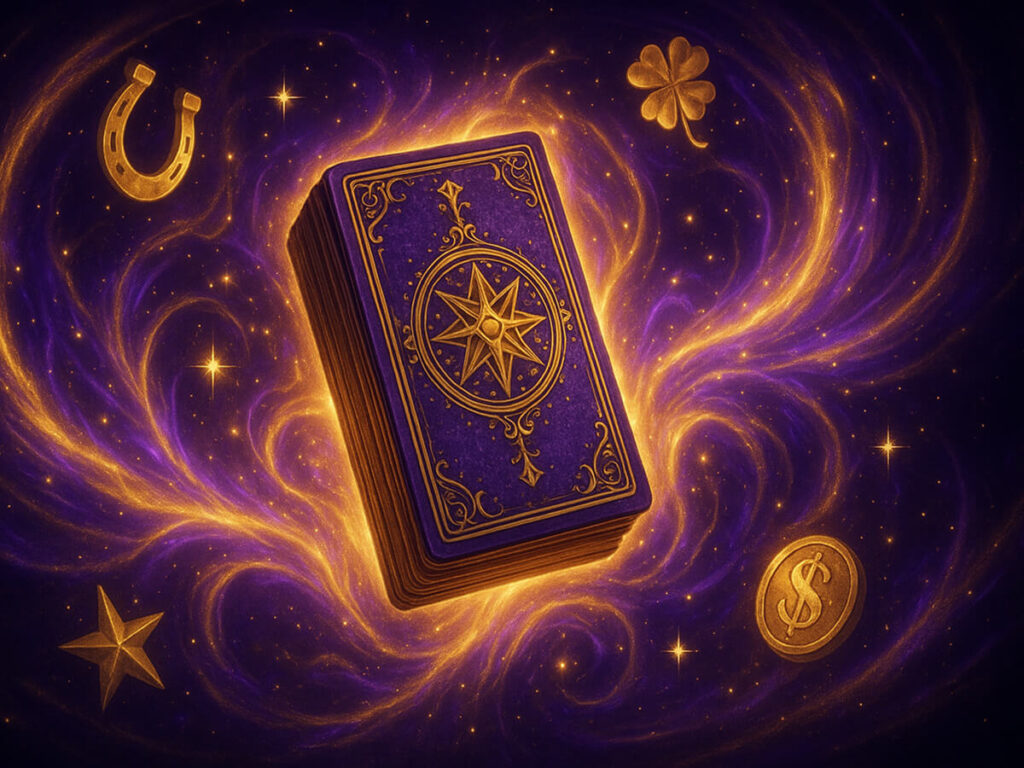 a purple deck of cards with gold stars and coins