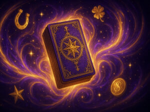 a purple deck of cards with gold stars and coins