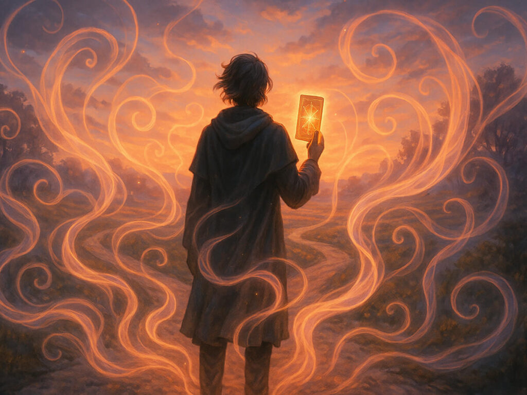 a person holding a card with fire swirls