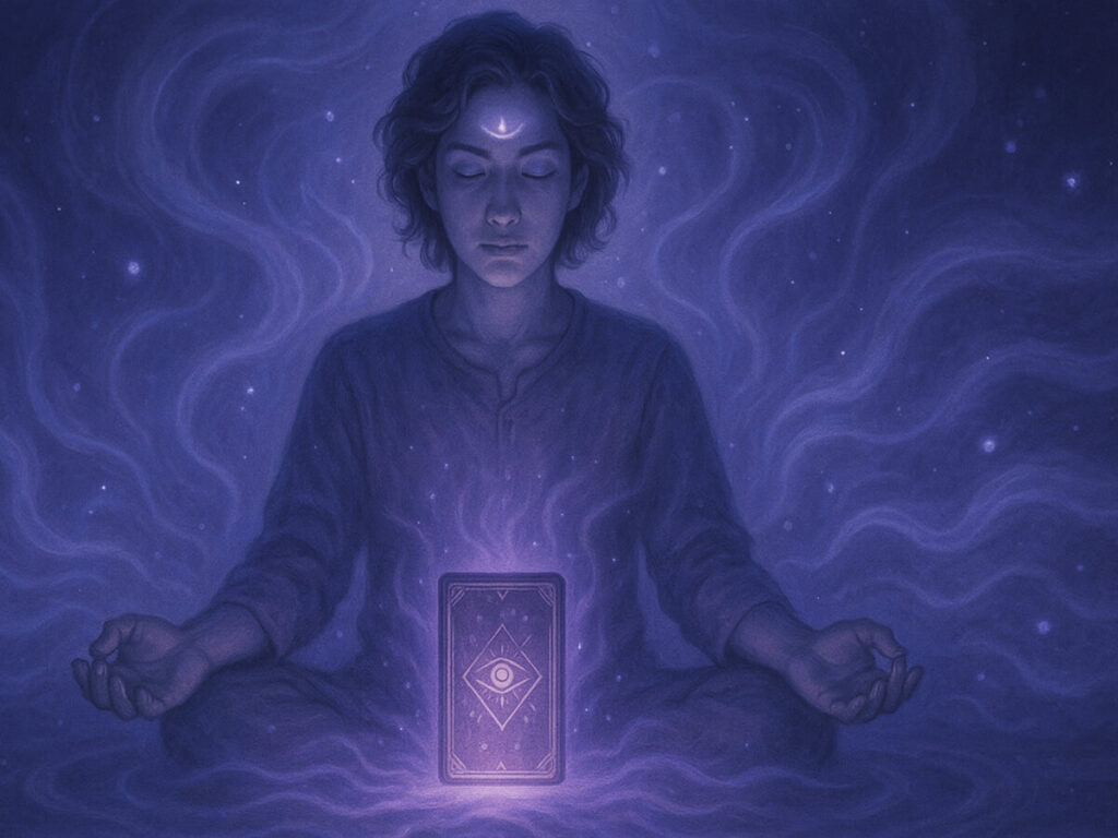 a person meditating with a card in front of it