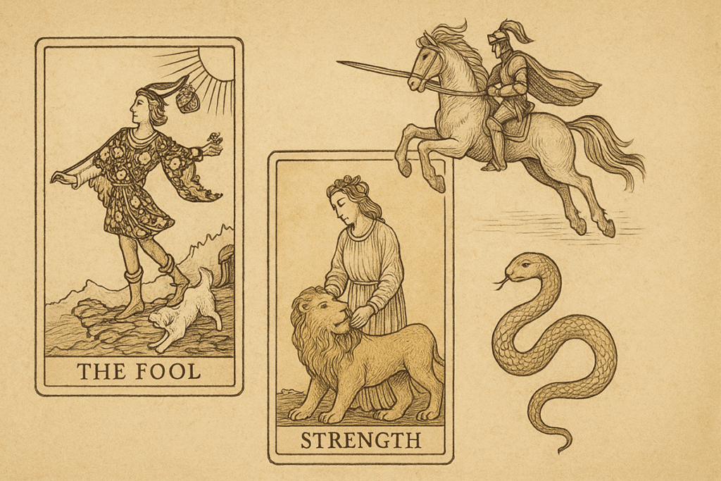 Tarot cards featuring The Fool and Strength.