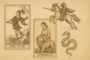Tarot cards featuring The Fool and Strength.