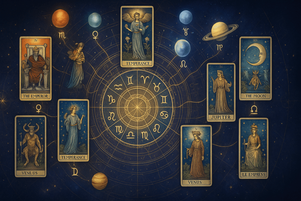 Tarot cards with astrological symbols displayed.