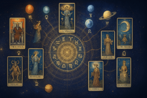 Tarot cards with astrological symbols displayed.
