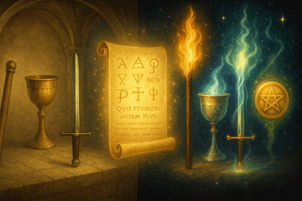 Tarot symbols with mystical elements.