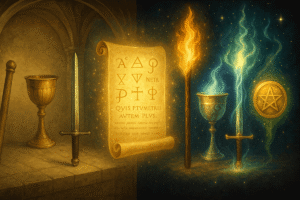 Tarot symbols with mystical elements.