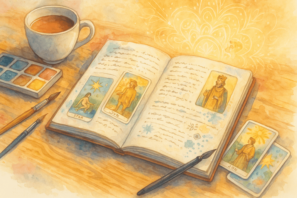 Tarot cards and journal on table.