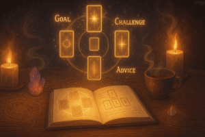 Tarot spread with candles and crystals