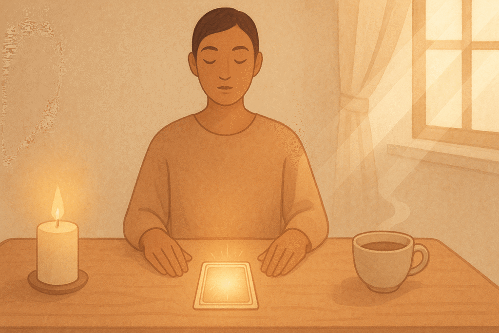 Person meditating with tarot card.