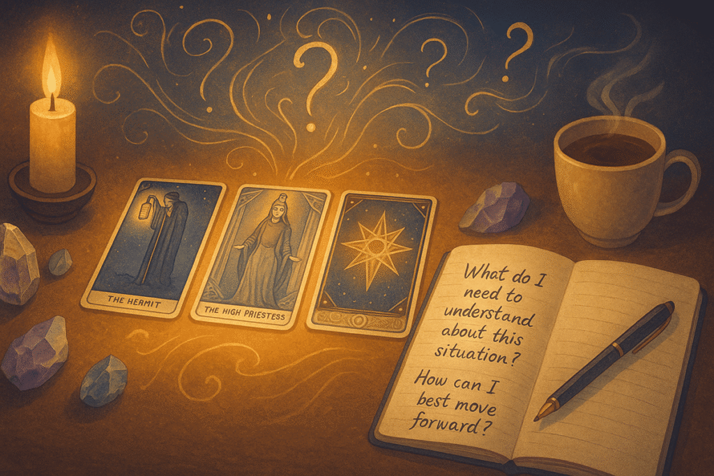 Tarot cards with reflective questions.