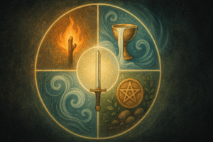 Elements represented: fire, water, earth, air.