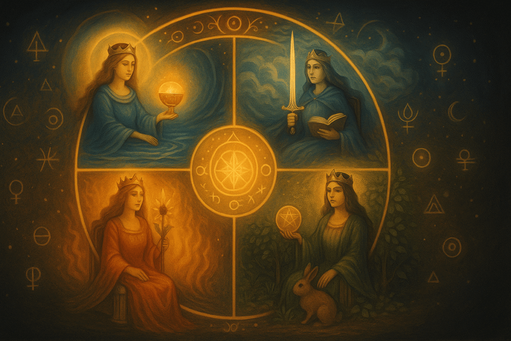 Four queens representing tarot elements.
