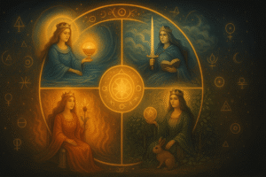 Four queens representing tarot elements.