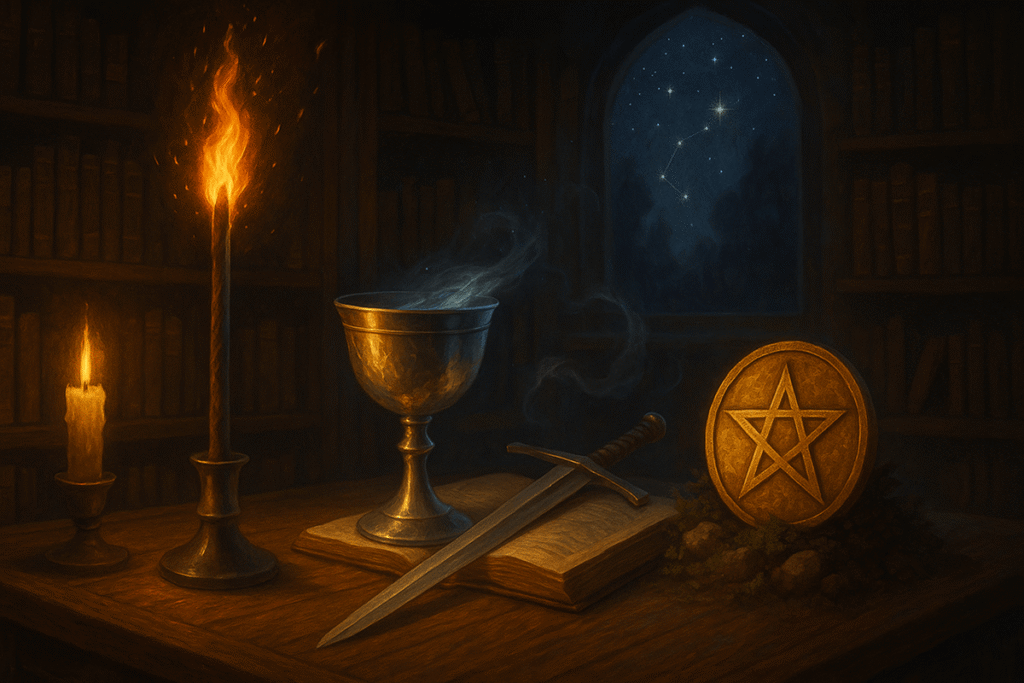 Mystical scene with tarot symbols and artifacts.