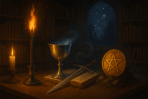 Mystical scene with tarot symbols and artifacts.