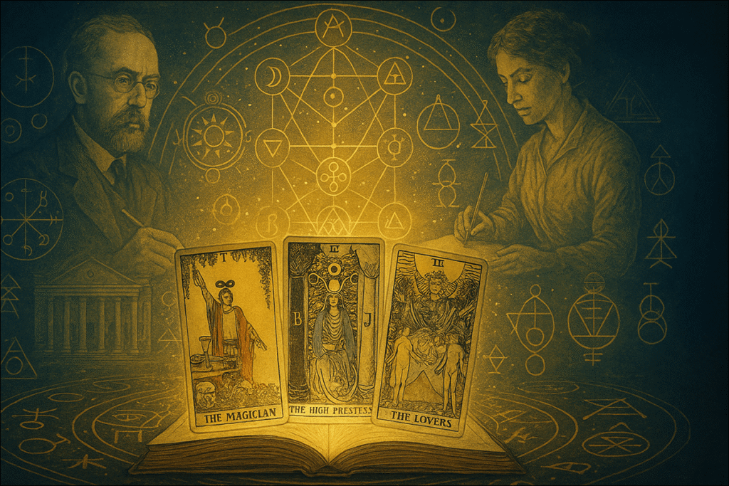 Tarot cards with mystical symbols background.