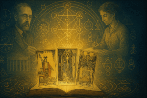 Tarot cards with mystical symbols background.