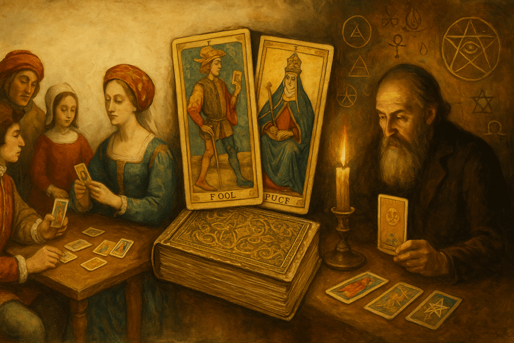 Tarot cards and historical gathering scene.