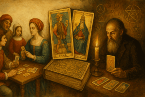 Tarot cards and historical gathering scene.