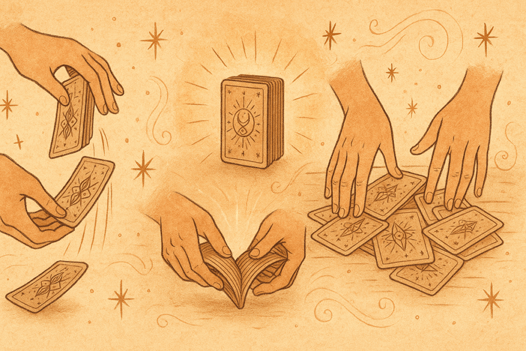 Hands shuffling and arranging tarot cards