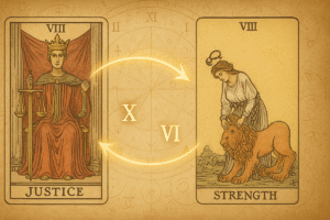 Tarot cards representing justice and strength.