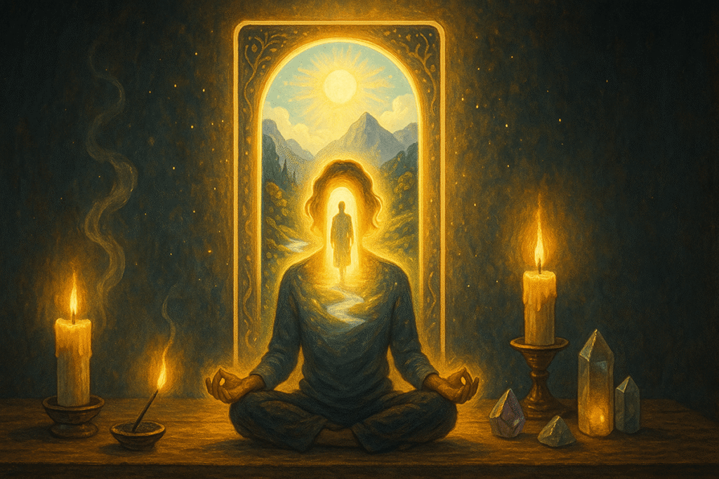 Meditative figure surrounded by light.
