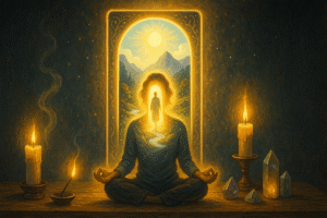 Meditative figure surrounded by light.