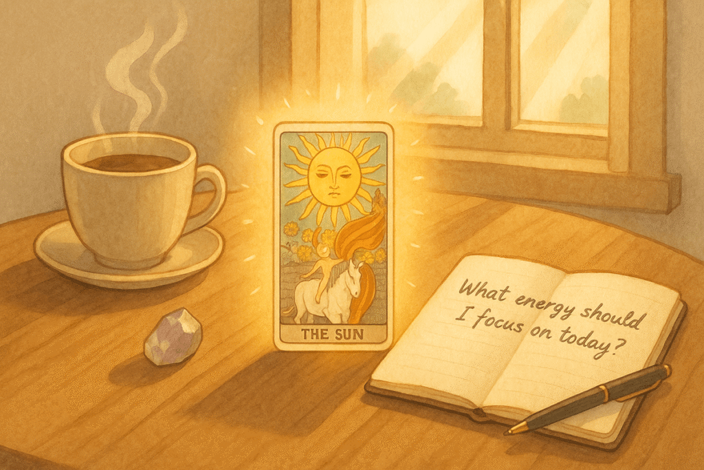 Tarot card, coffee, and notebook.