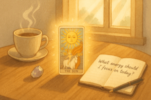 Tarot card, coffee, and notebook.