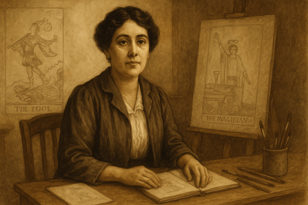 Artist at desk with tarot illustrations.