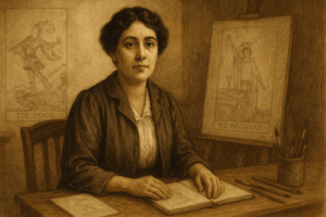 Artist at desk with tarot illustrations.