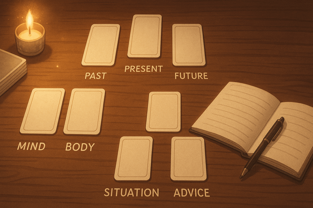 Tarot card spread layout on table