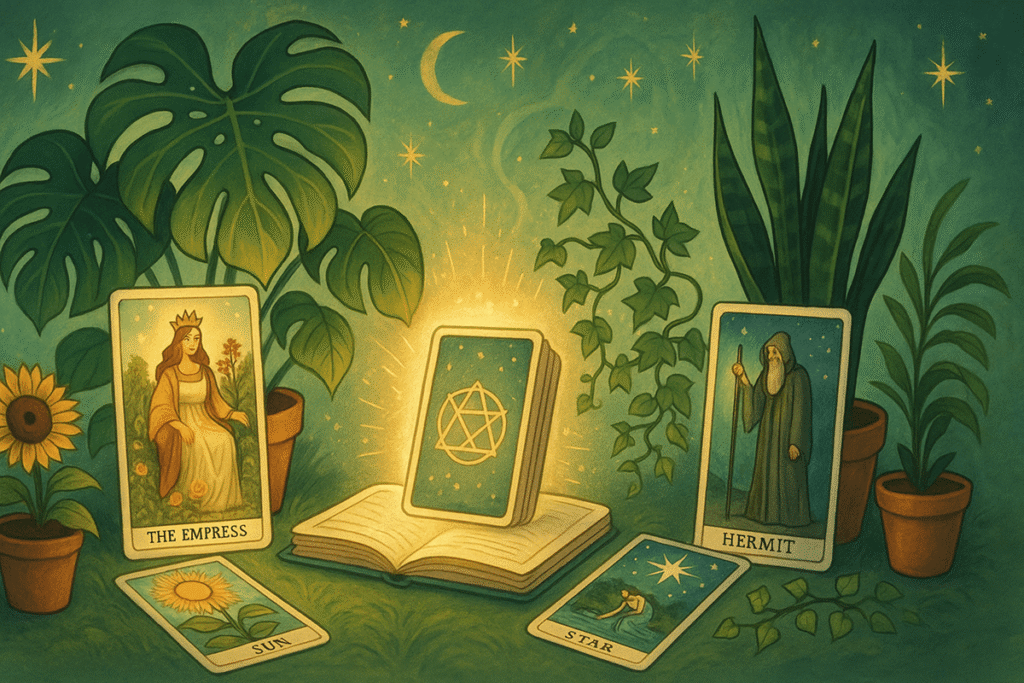 Tarot cards surrounded by houseplants.