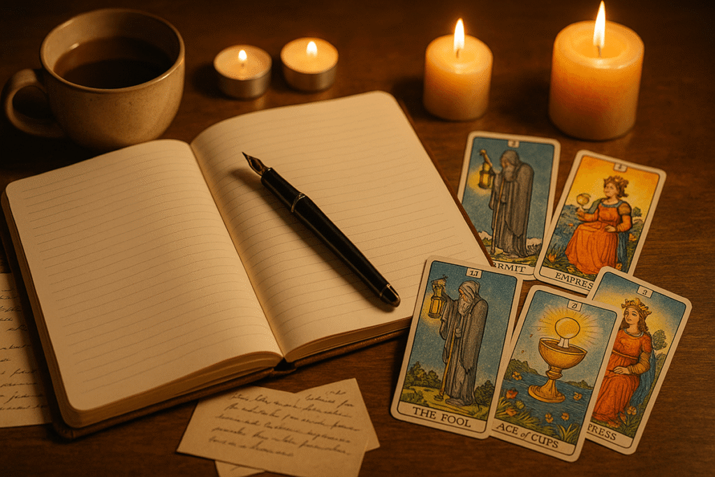 Tarot cards, notebook, candles, coffee.