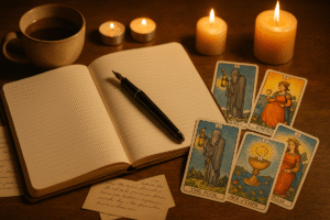 Tarot cards, notebook, candles, coffee.